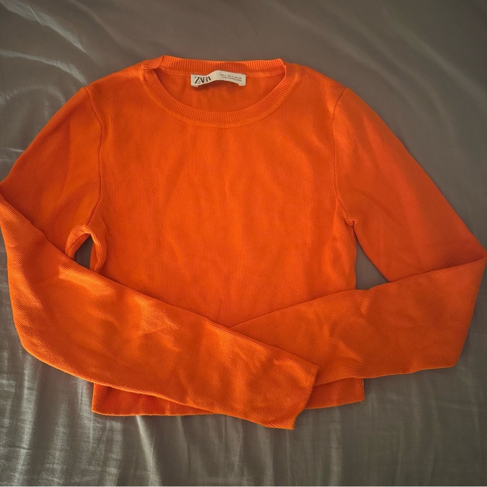 ZARA Orange Cropped Knit Sweater – Long Sleeve Ribbed Top Size S